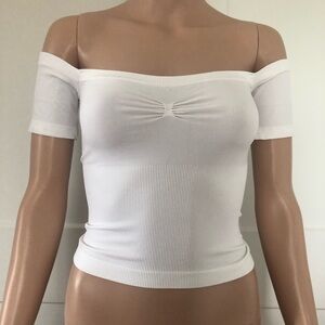Connection 18 Seamless White Stretchy Ribbed Cropped Off Shoulder Top XS Small